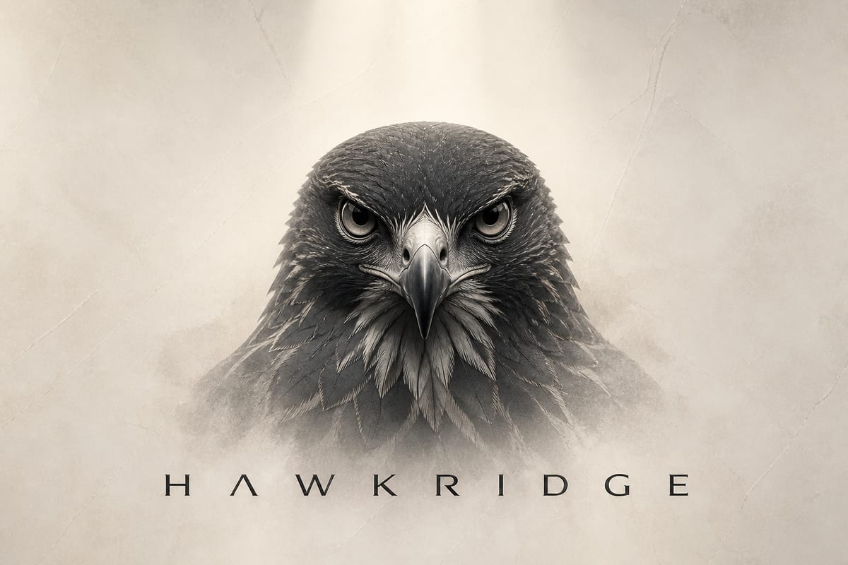 Front-facing hawk portrait in warm limestone mist, above the Hawkridge wordmark.