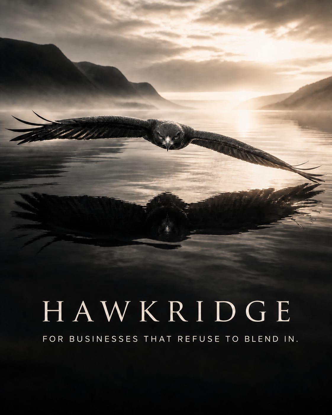Black hawk flying low over a mountain lake above the Hawkridge wordmark and the line, For businesses that refuse to blend in.